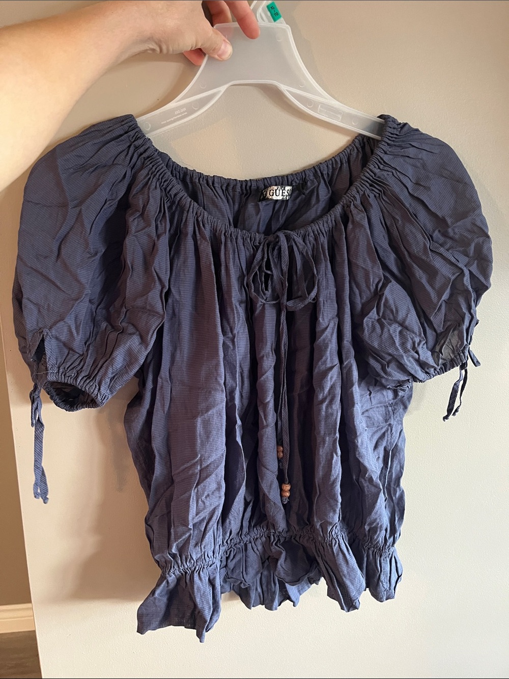 Guess XS small Indigo Puff-Sleeve Peasant Blouse. Raglan sleeve. Tie neckline.